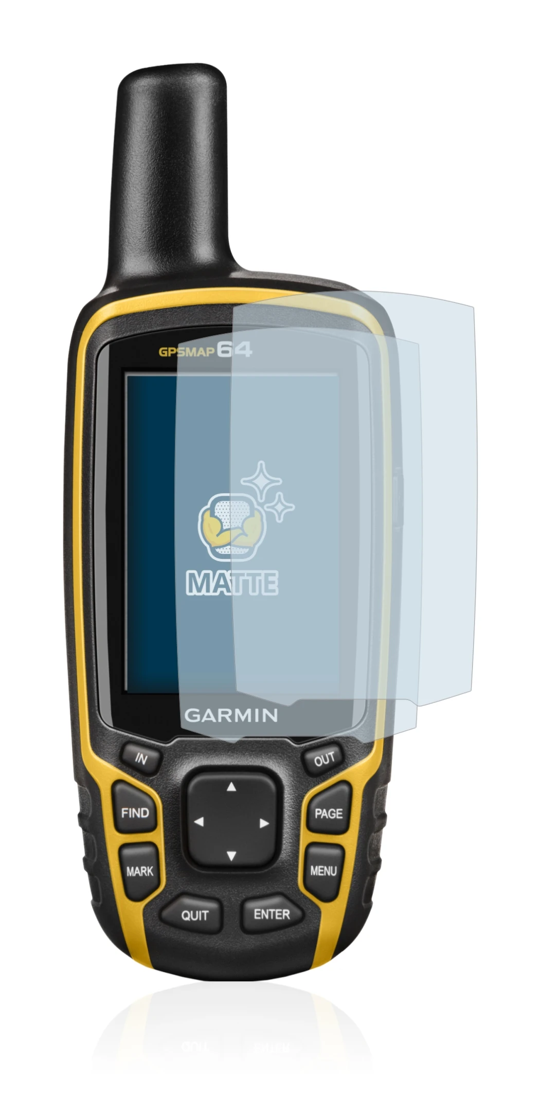 Immagine del dispositivo Garmin GPSMAP 64 con un'ampia varietà di protezioni per lo schermo.