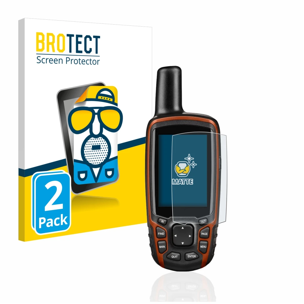 Parte frontale di una confezione del prodotto con il logo del marchio BROTECT. Accanto è raffigurato il dispositivo Garmin GPS