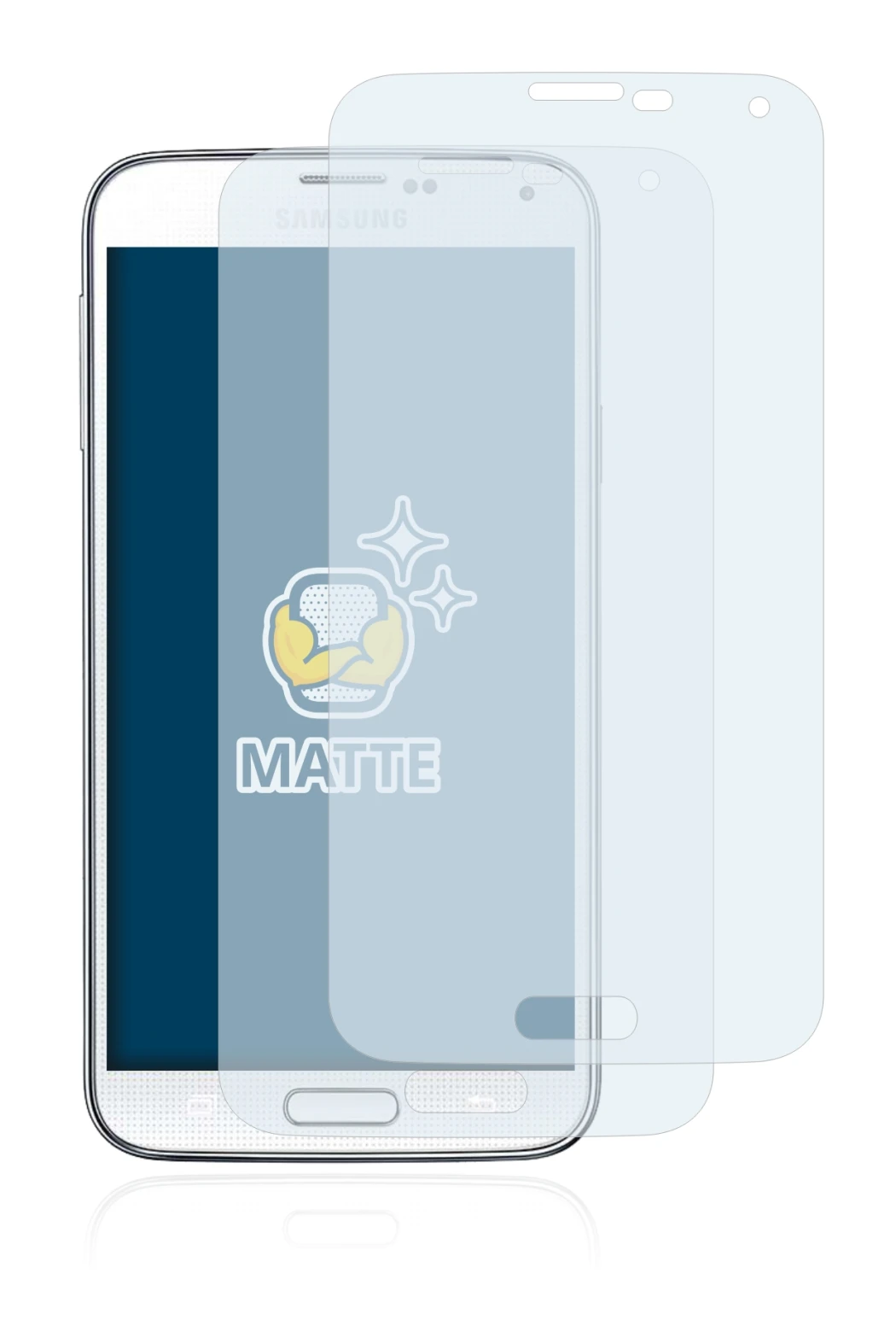 Immagine del dispositivo Samsung Galaxy S5 con un'ampia varietà di protezioni per lo schermo.