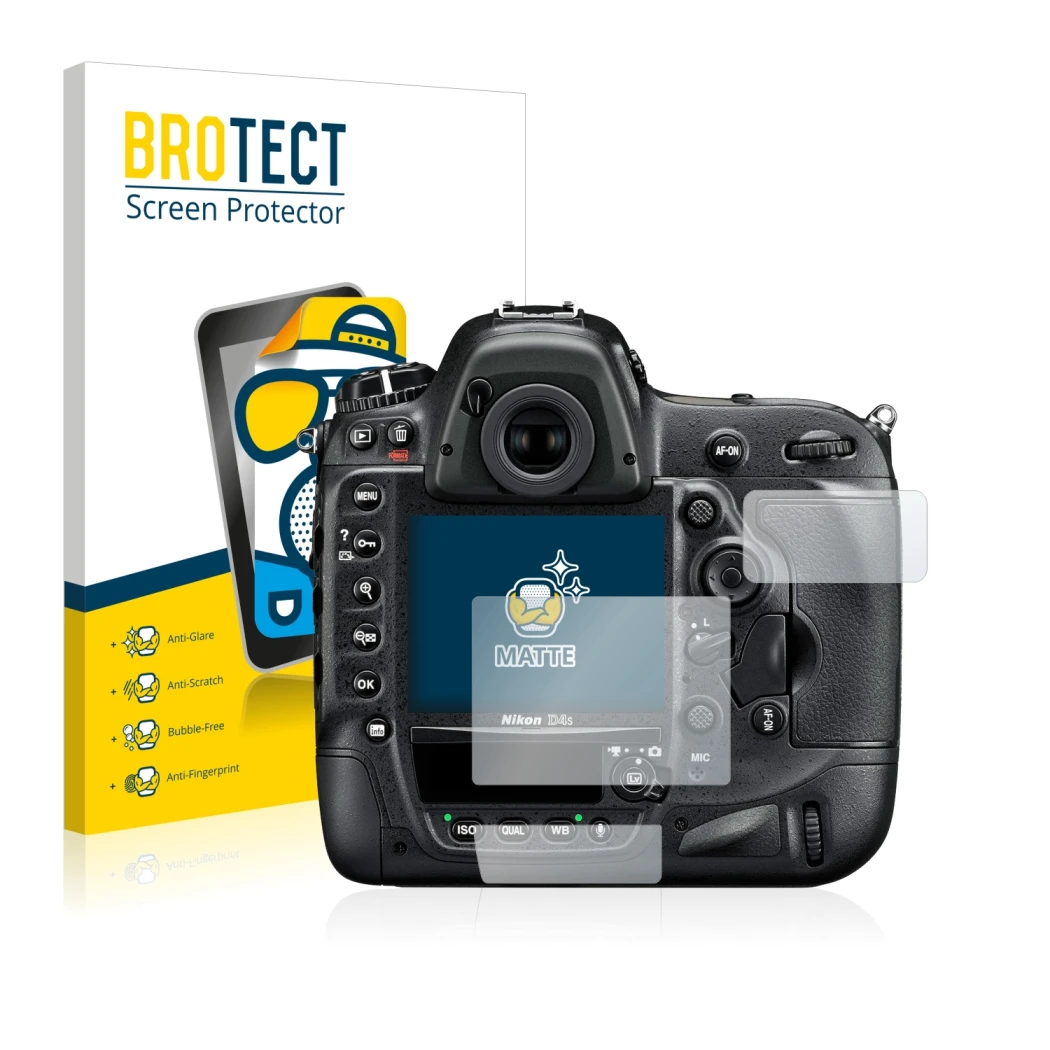 Parte frontale di una confezione del prodotto con il logo del marchio BROTECT. Accanto è raffigurato il dispositivo Nikon D4S