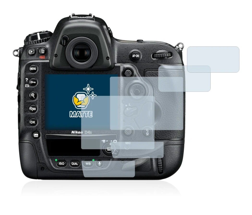 Immagine del dispositivo Nikon D4S con un'ampia varietà di protezioni per lo schermo.
