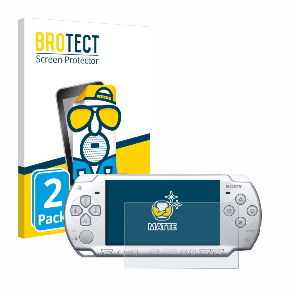 Parte frontale di una confezione del prodotto con il logo del marchio BROTECT. Accanto è raffigurato il dispositivo Sony PSP 2