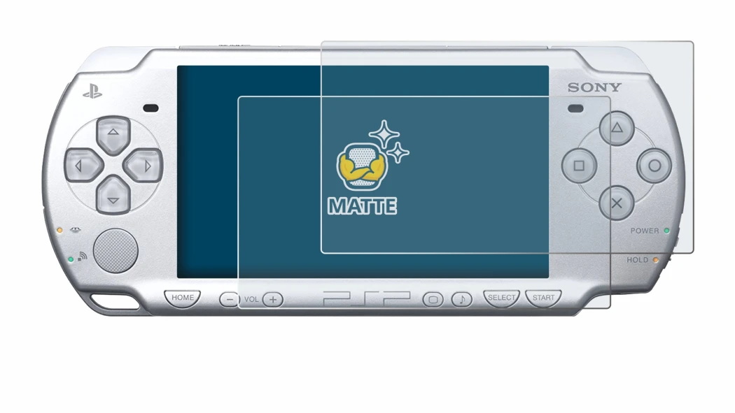 Immagine del dispositivo Sony PSP 2004 con un'ampia varietà di protezioni per lo schermo.