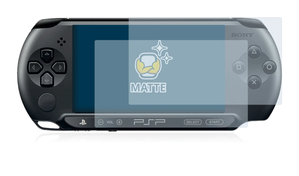 Immagine del dispositivo Sony PSP 2000 con un'ampia varietà di protezioni per lo schermo.