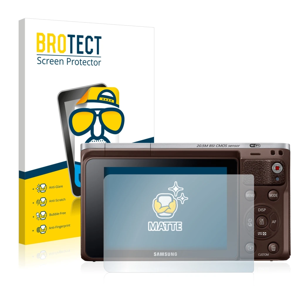 Parte frontale di una confezione del prodotto con il logo del marchio BROTECT. Accanto è raffigurato il dispositivo Samsung NX