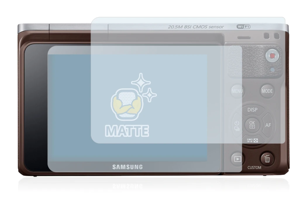Immagine del dispositivo Samsung NX Mini con un'ampia varietà di protezioni per lo schermo.