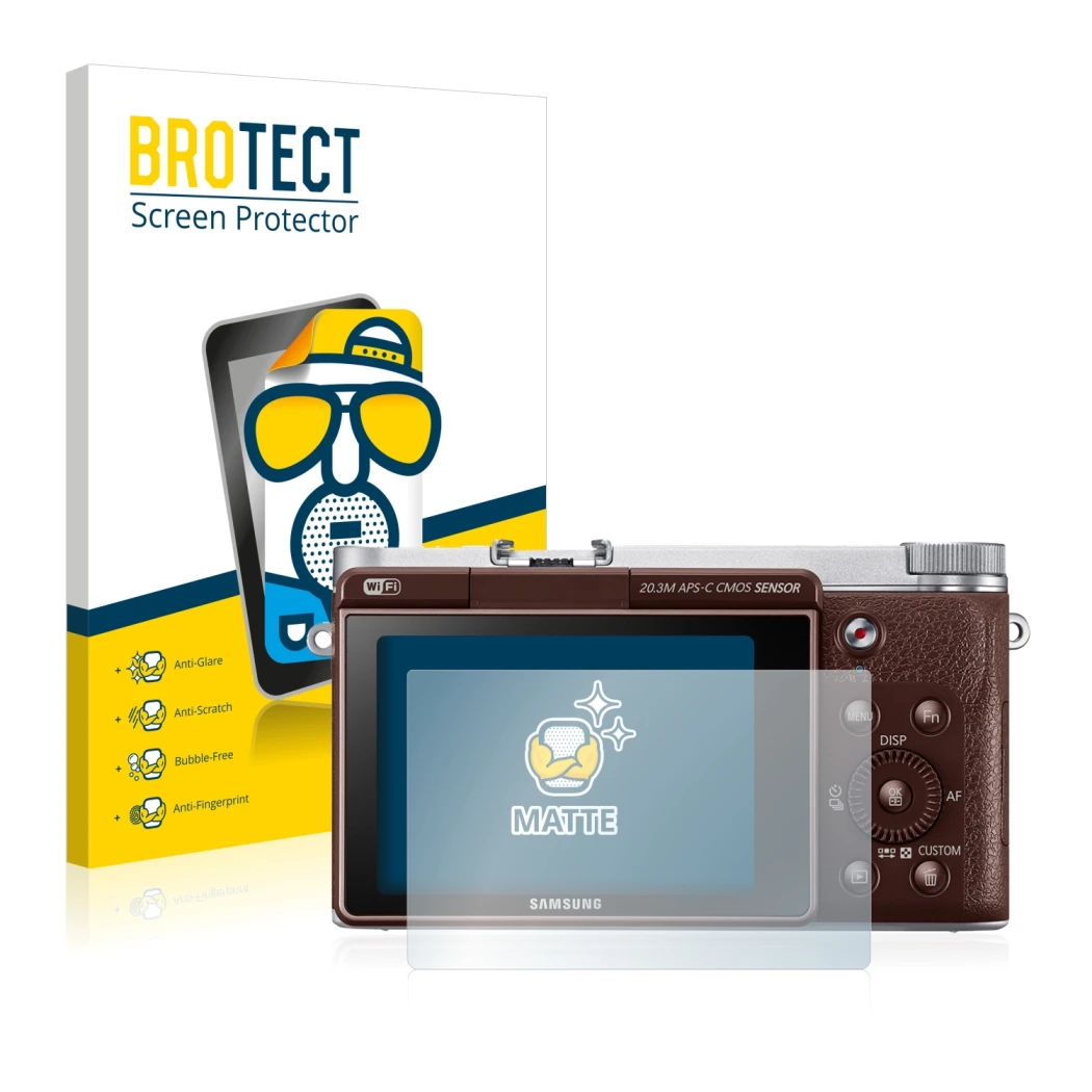 Parte frontale di una confezione del prodotto con il logo del marchio BROTECT. Accanto è raffigurato il dispositivo Samsung NX