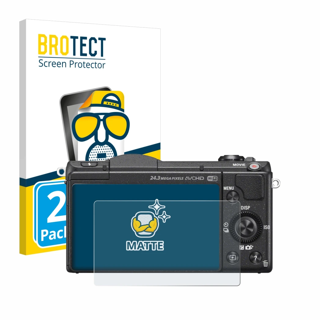 Parte frontale di una confezione del prodotto con il logo del marchio BROTECT. Accanto è raffigurato il dispositivo Sony Alpha
