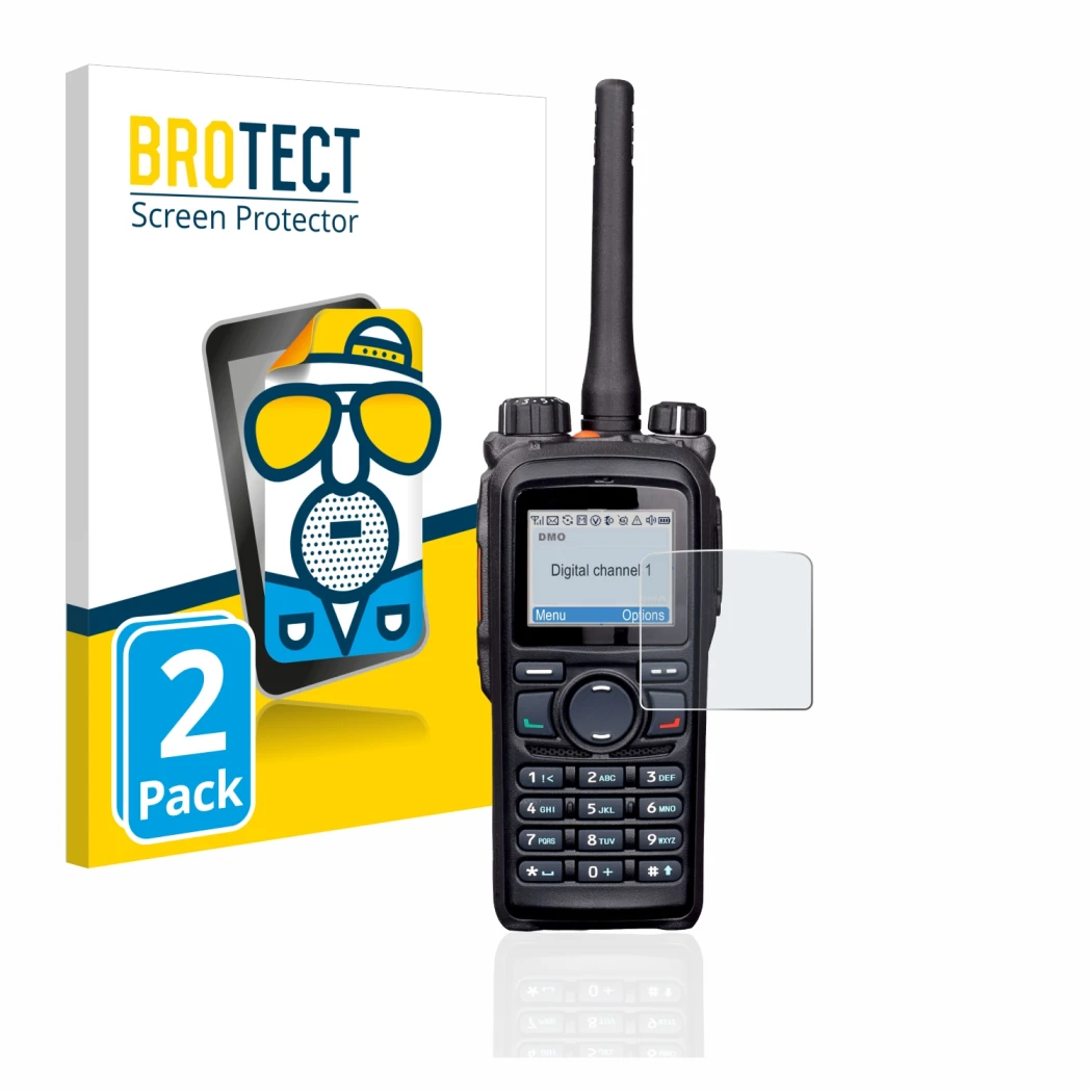 Parte frontale di una confezione del prodotto con il logo del marchio BROTECT. Accanto è raffigurato il dispositivo Hytera PD7