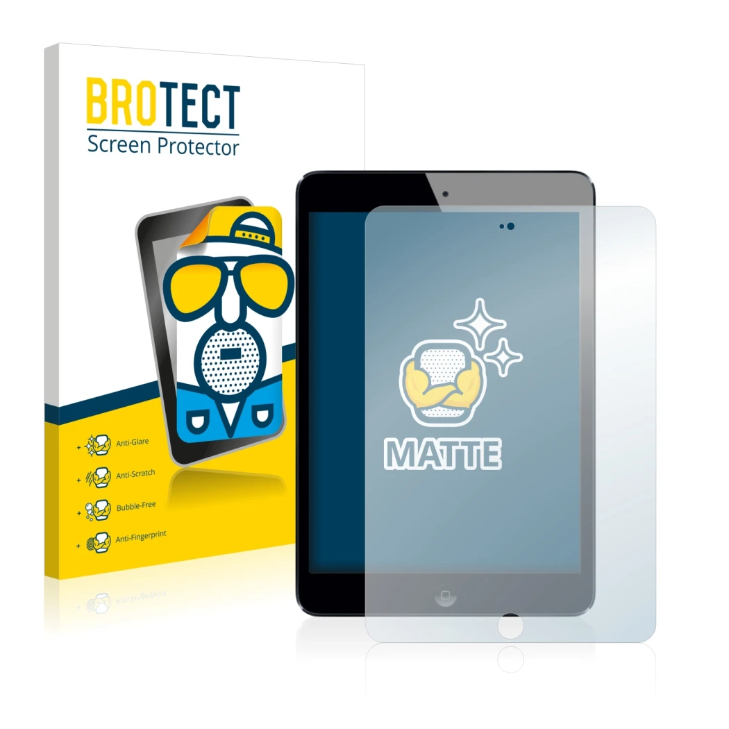 Parte frontale di una confezione del prodotto con il logo del marchio BROTECT. Accanto è raffigurato il dispositivo Apple iPad