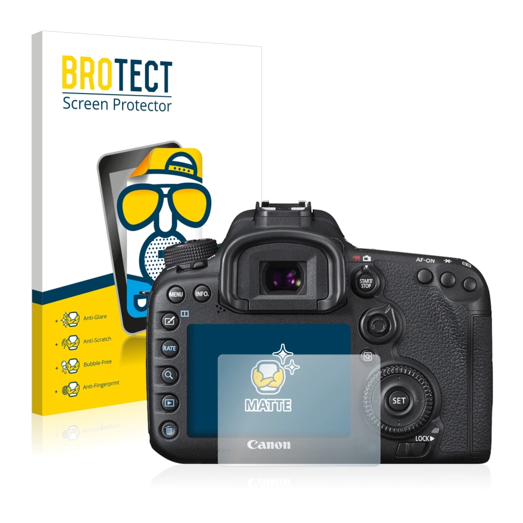 Parte frontale di una confezione del prodotto con il logo del marchio BROTECT. Accanto è raffigurato il dispositivo Canon EOS 