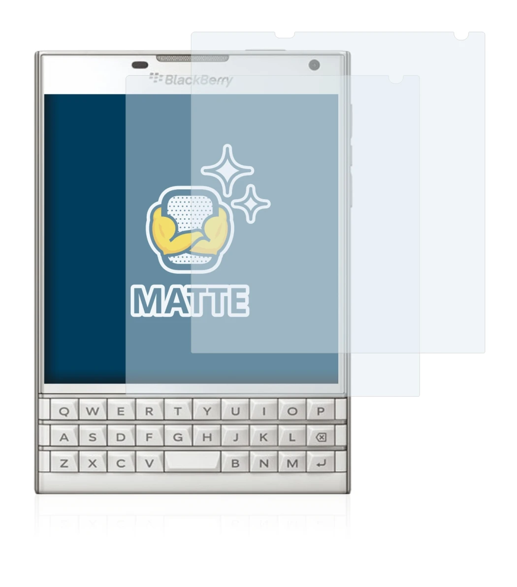 Immagine del dispositivo BlackBerry Passport con un'ampia varietà di protezioni per lo schermo.