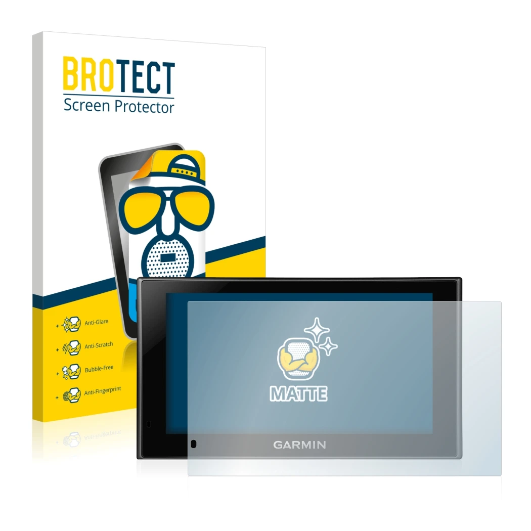 Parte frontale di una confezione del prodotto con il logo del marchio BROTECT. Accanto è raffigurato il dispositivo Garmin nüv