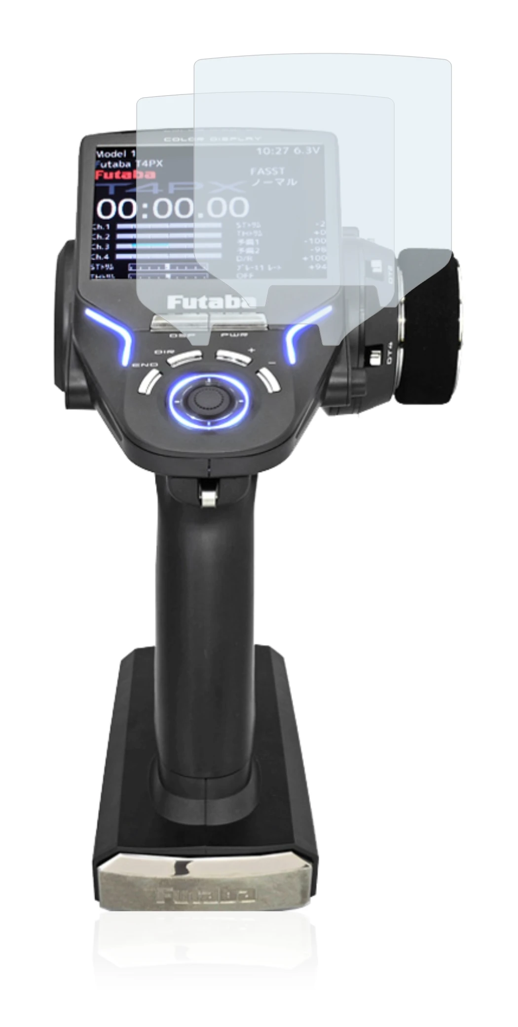 Immagine del dispositivo Futaba 4PX con un'ampia varietà di protezioni per lo schermo.