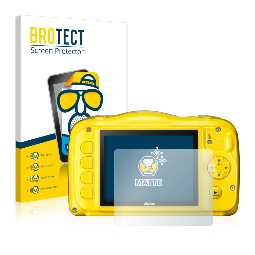 Parte frontale di una confezione del prodotto con il logo del marchio BROTECT. Accanto è raffigurato il dispositivo Nikon Cool