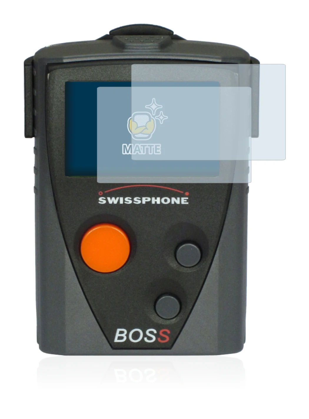 Immagine del dispositivo Swissphone Boss 910 con un'ampia varietà di protezioni per lo schermo.
