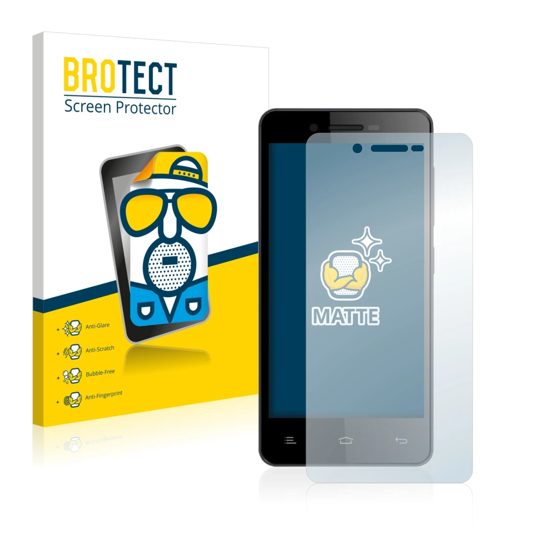 Parte frontale di una confezione del prodotto con il logo del marchio BROTECT. Accanto è raffigurato il dispositivo Gionee V18