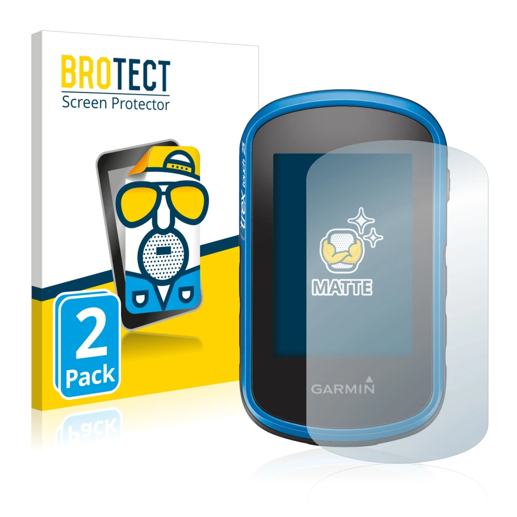 Parte frontale di una confezione del prodotto con il logo del marchio BROTECT. Accanto è raffigurato il dispositivo Garmin eTr