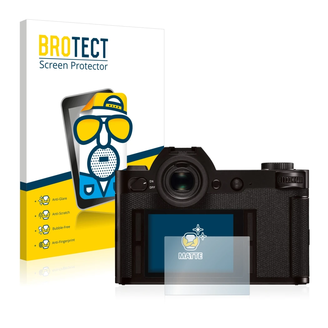 Parte frontale di una confezione del prodotto con il logo del marchio BROTECT. Accanto è raffigurato il dispositivo Leica SL (