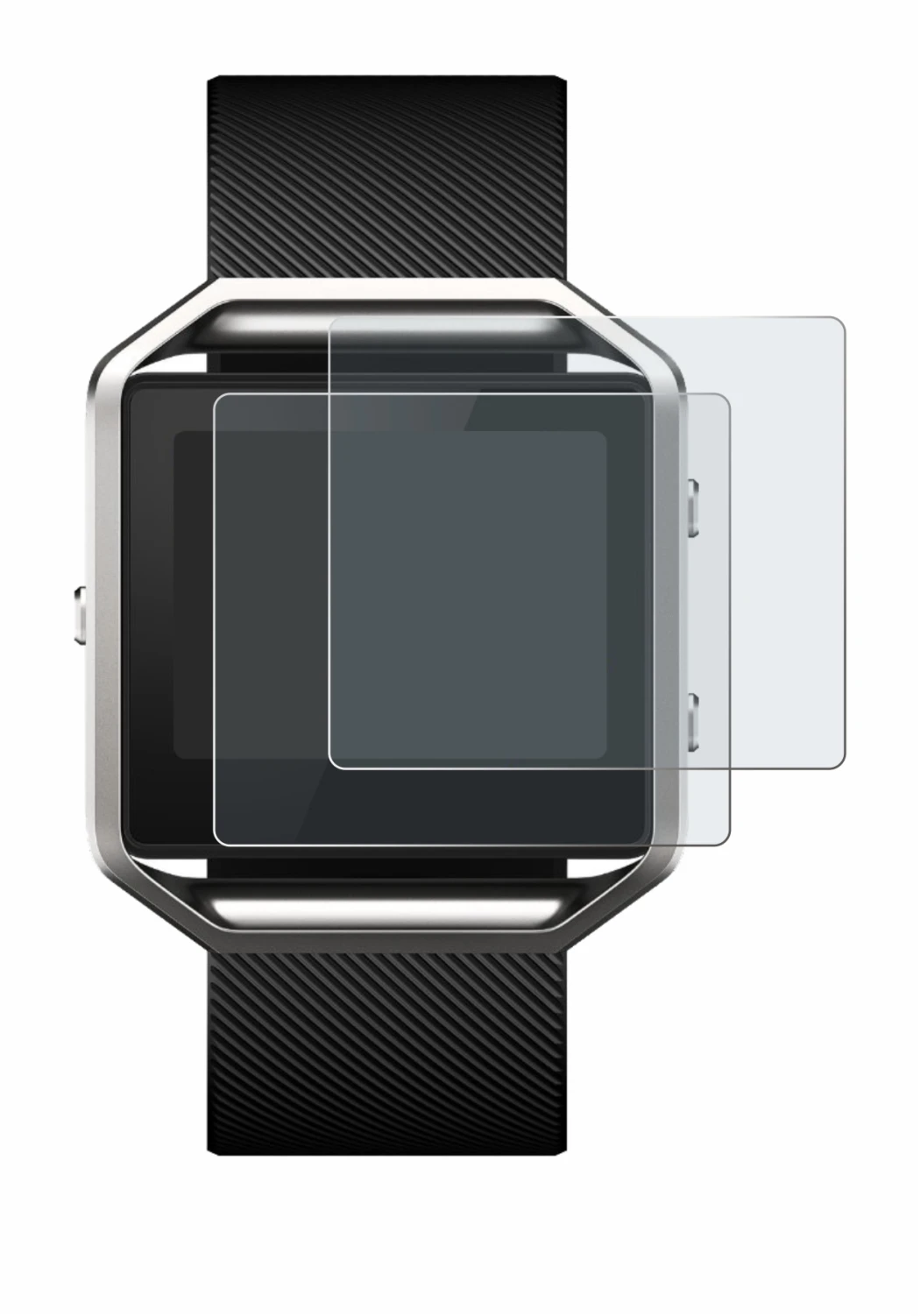 Immagine del dispositivo Fitbit Blaze con un'ampia varietà di protezioni per lo schermo.