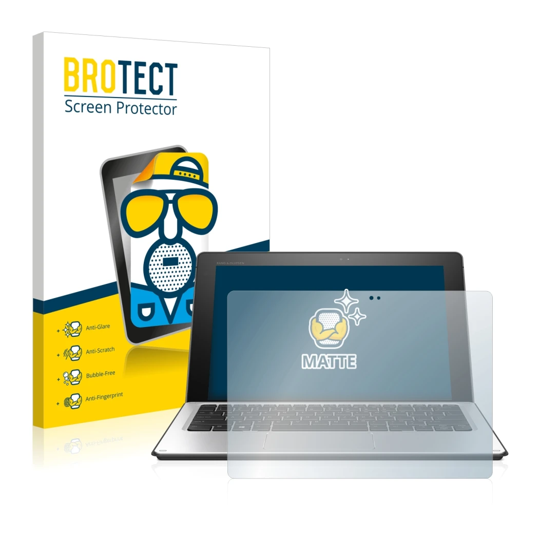 Parte frontale di una confezione del prodotto con il logo del marchio BROTECT. Accanto è raffigurato il dispositivo HP Elite x