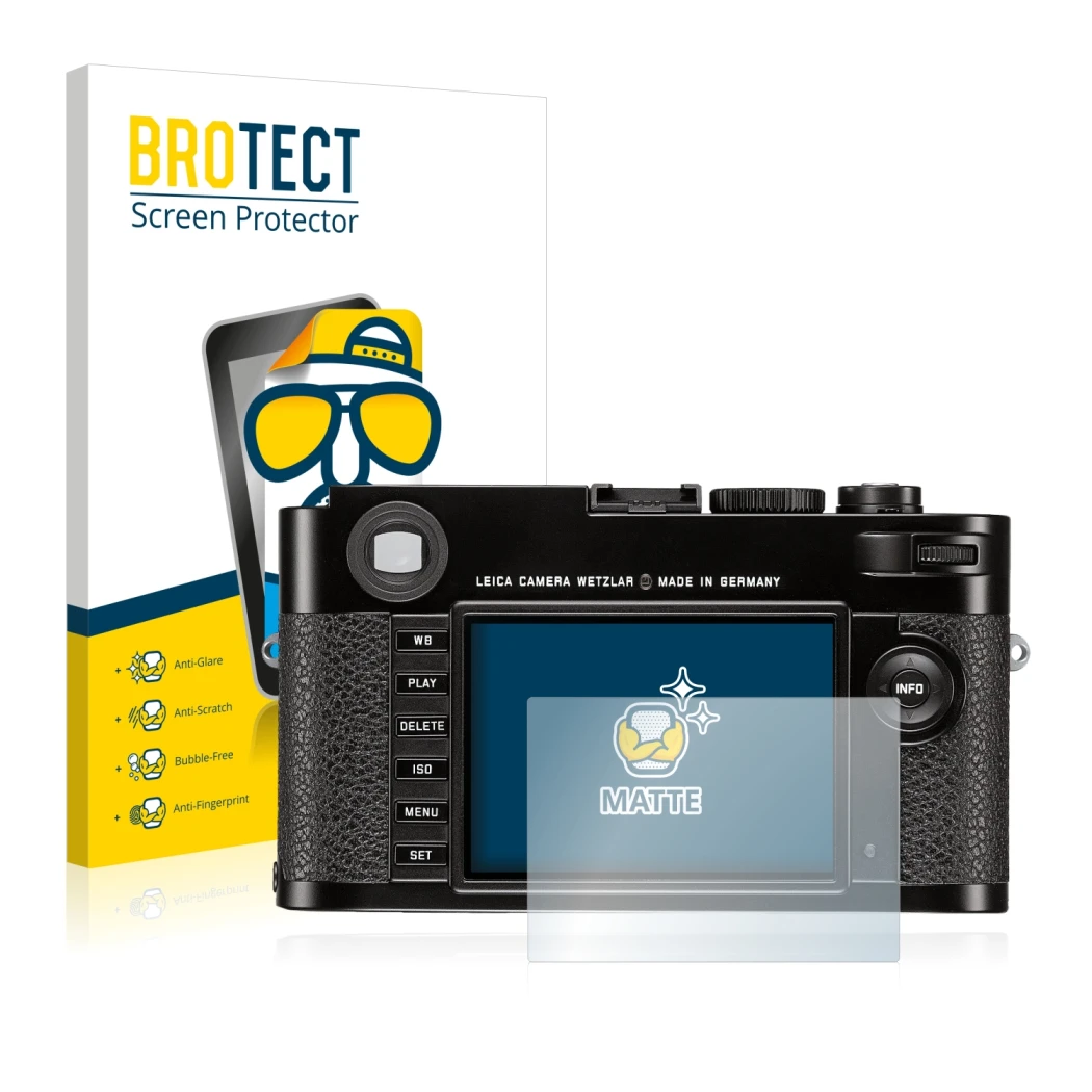Parte frontale di una confezione del prodotto con il logo del marchio BROTECT. Accanto è raffigurato il dispositivo Leica M (T