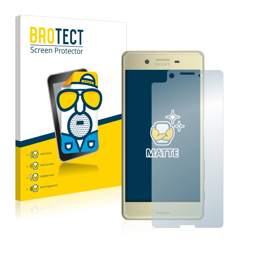 Parte frontale di una confezione del prodotto con il logo del marchio BROTECT. Accanto è raffigurato il dispositivo Sony Xperi
