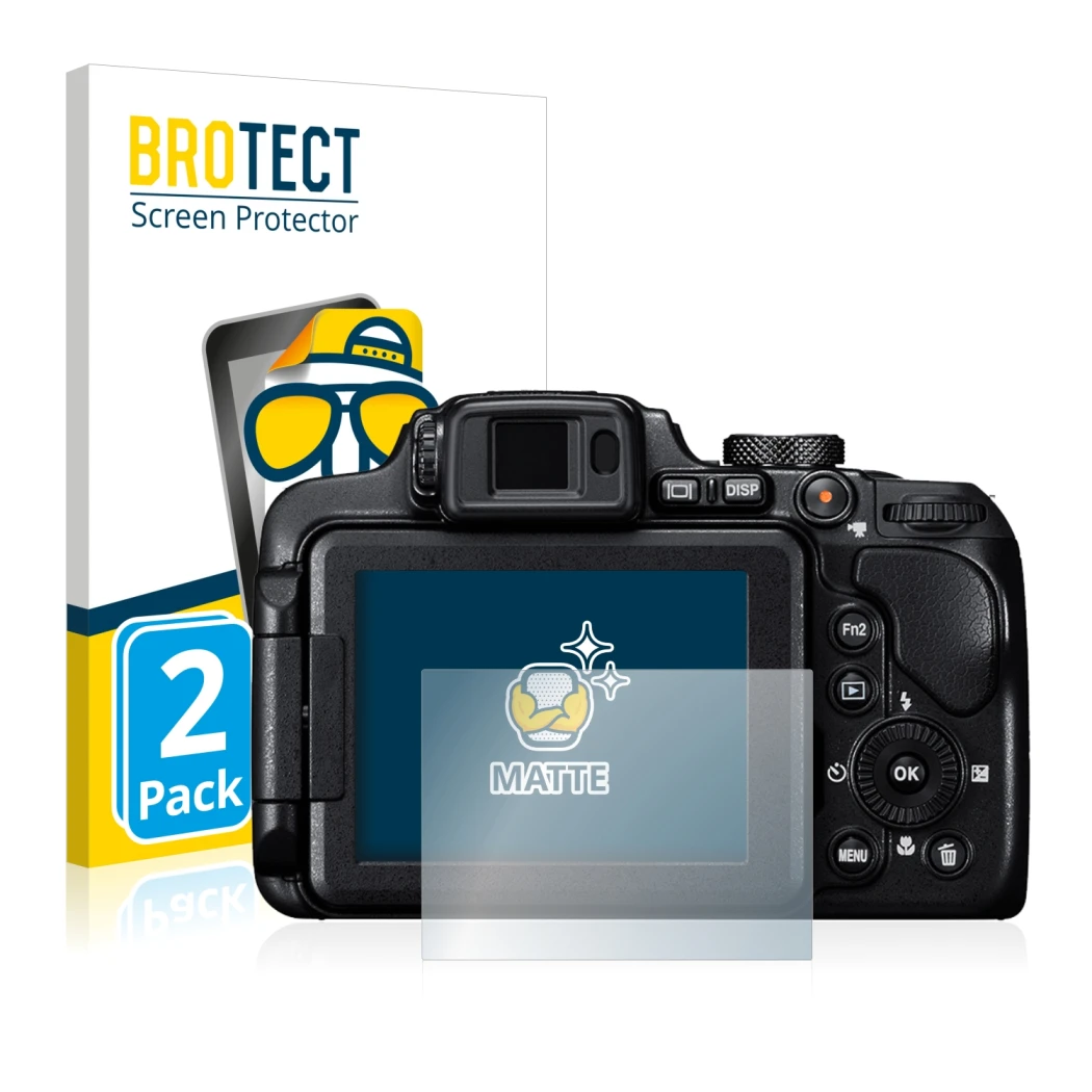 Parte frontale di una confezione del prodotto con il logo del marchio BROTECT. Accanto è raffigurato il dispositivo Nikon Cool