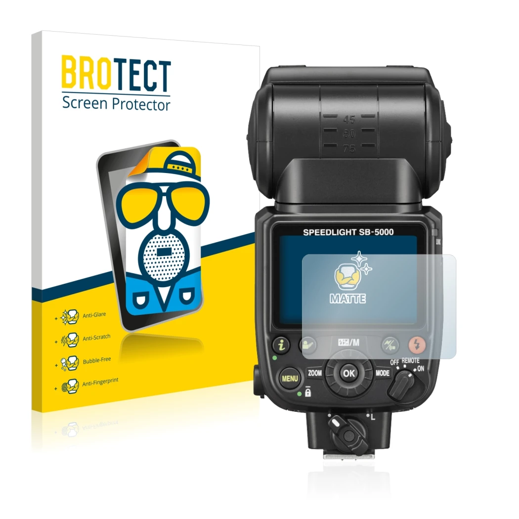 Parte frontale di una confezione del prodotto con il logo del marchio BROTECT. Accanto è raffigurato il dispositivo Nikon SB-5