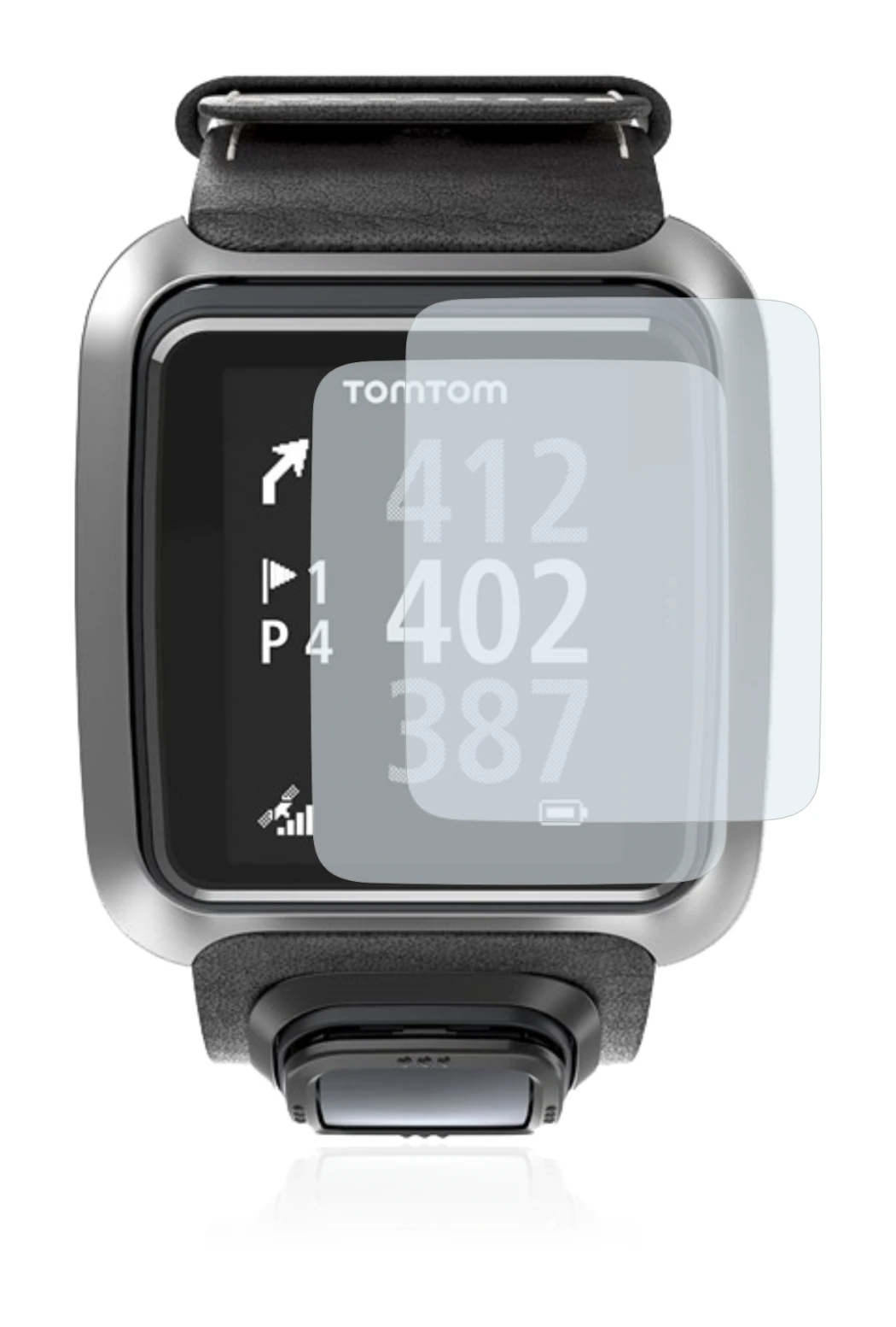 Immagine del dispositivo TomTom Golfer 2 con un'ampia varietà di protezioni per lo schermo.