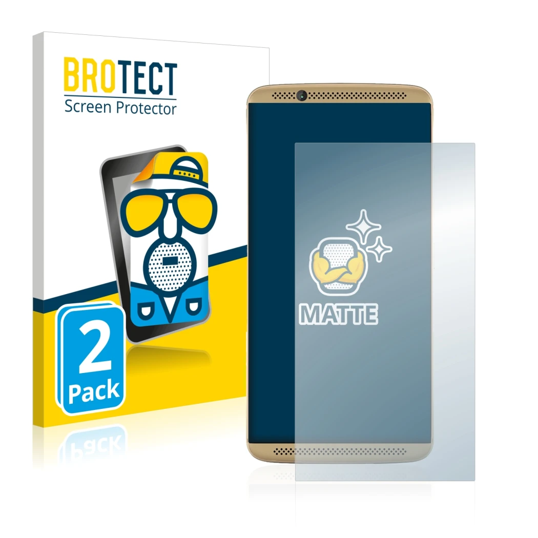 Parte frontale di una confezione del prodotto con il logo del marchio BROTECT. Accanto è raffigurato il dispositivo ZTE Axon 7