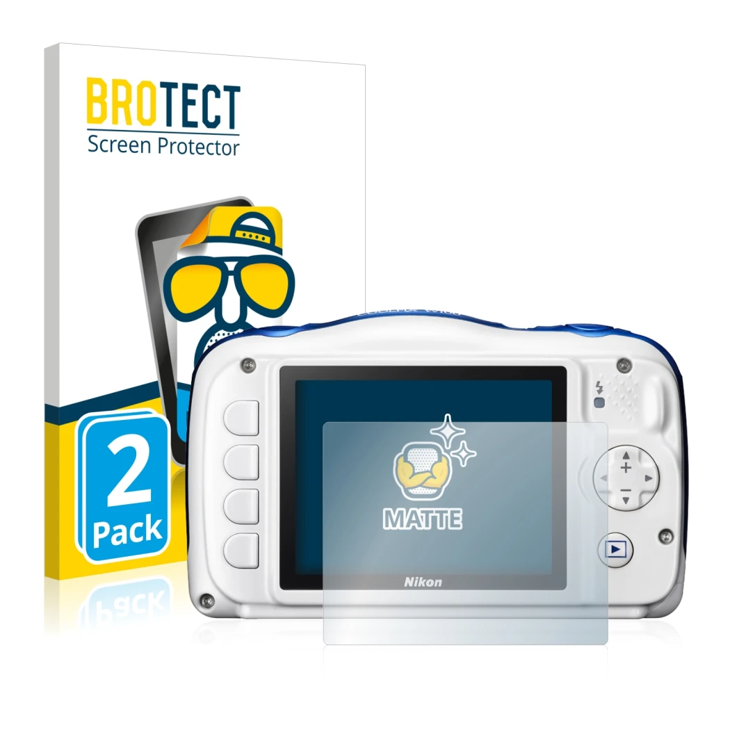 Parte frontale di una confezione del prodotto con il logo del marchio BROTECT. Accanto è raffigurato il dispositivo Nikon Cool