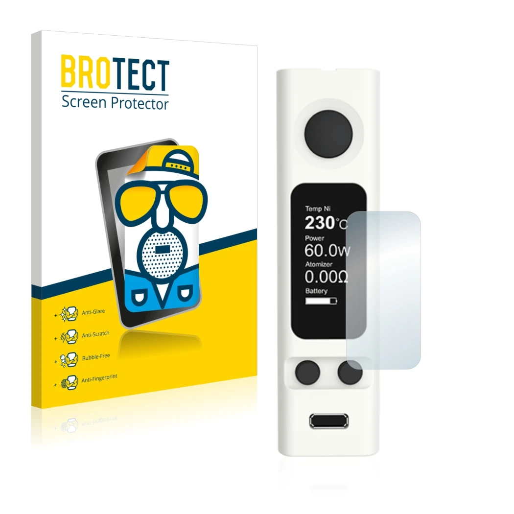 Parte frontale di una confezione del prodotto con il logo del marchio BROTECT. Accanto è raffigurato il dispositivo Joyetech e