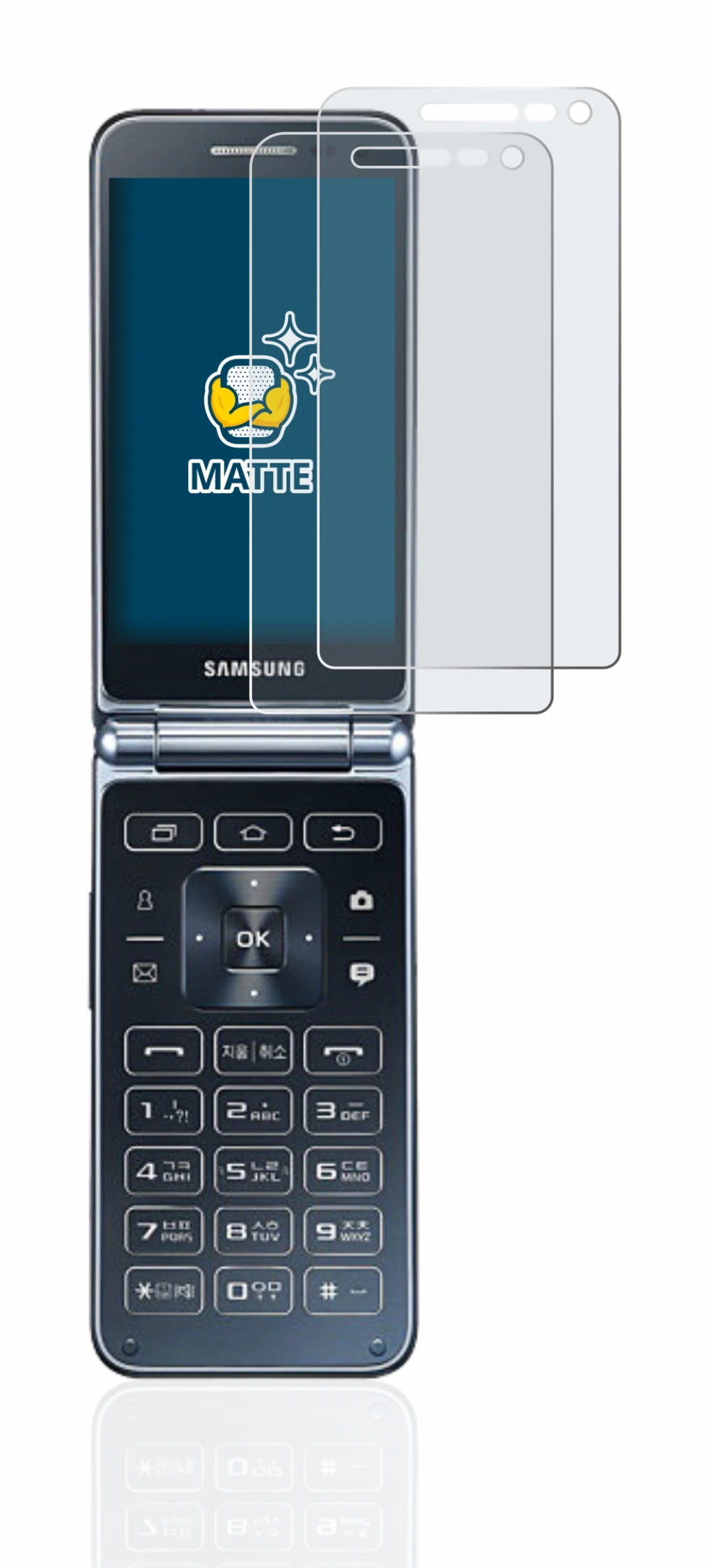 Immagine del dispositivo Samsung Galaxy Folder 2 con un'ampia varietà di protezioni per lo schermo.