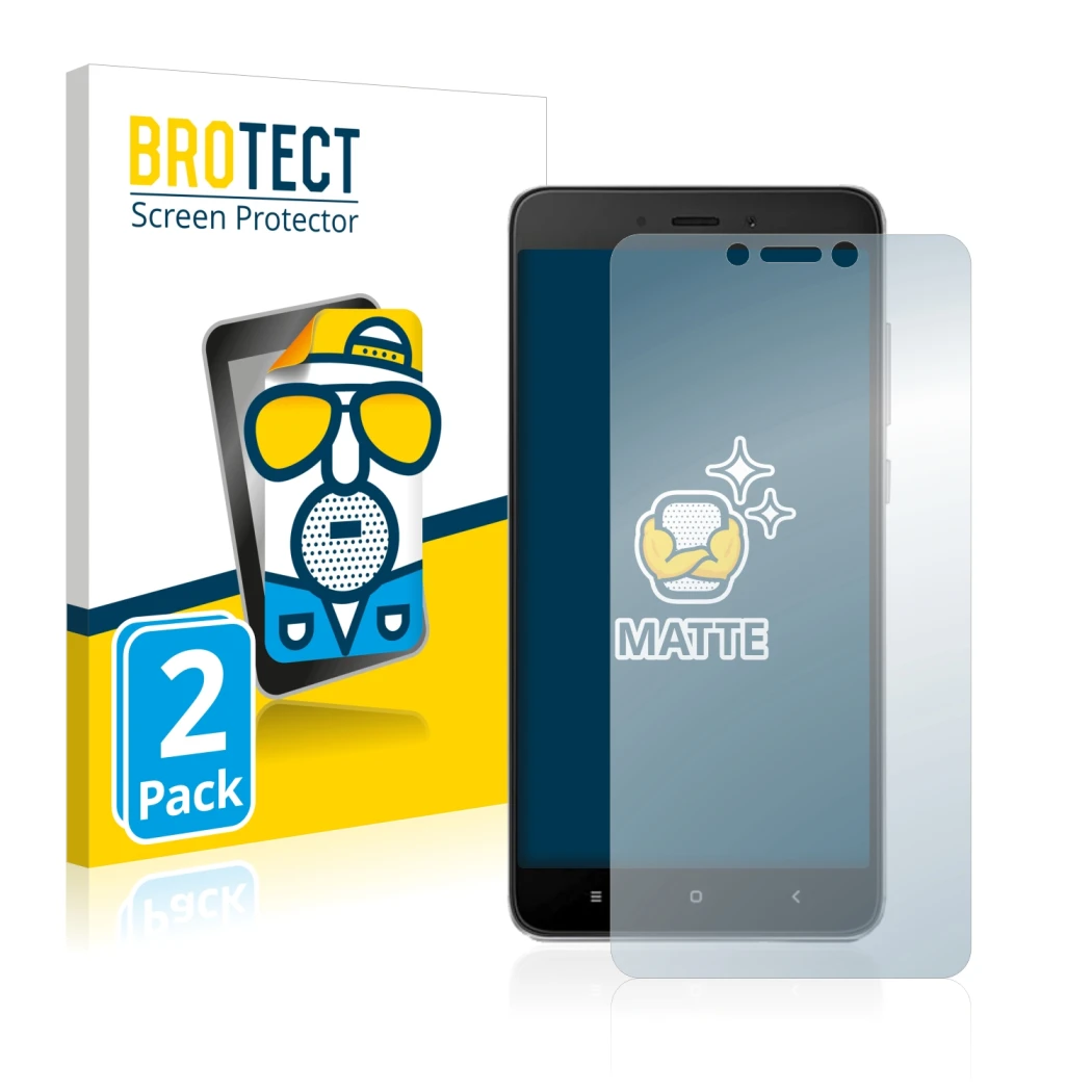 Parte frontale di una confezione del prodotto con il logo del marchio BROTECT. Accanto è raffigurato il dispositivo Xiaomi Red