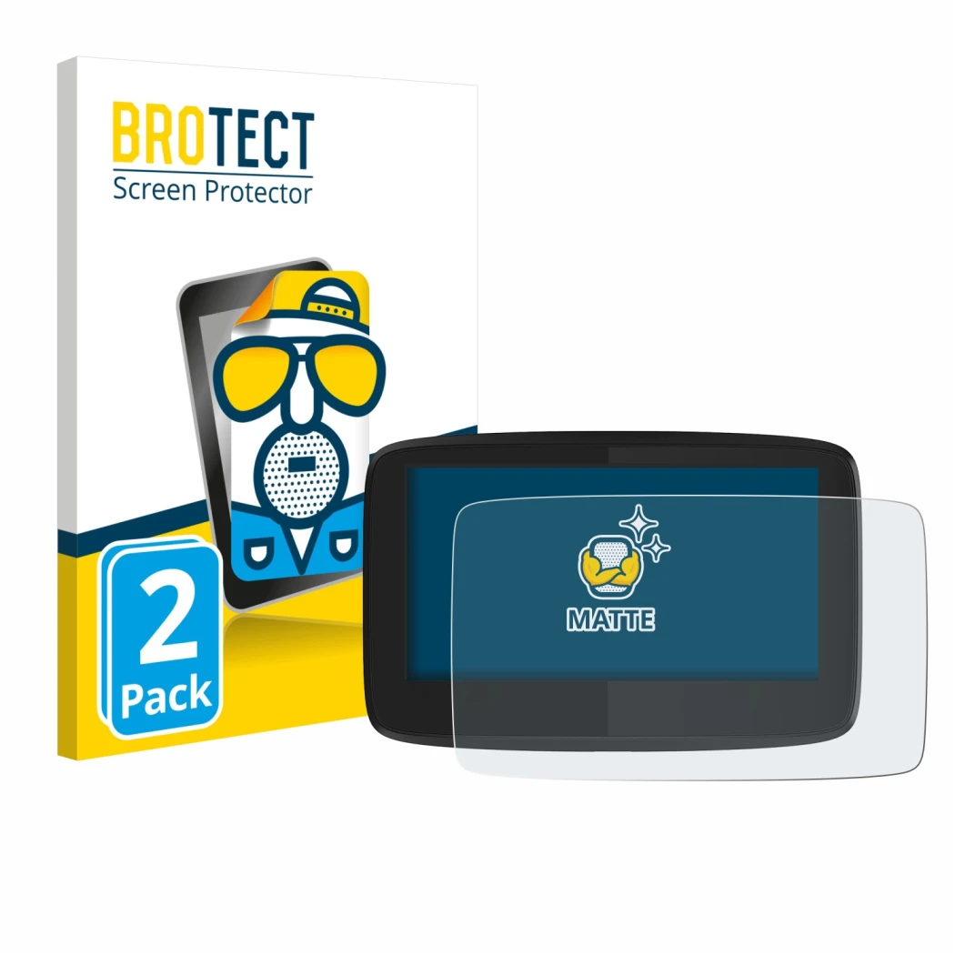 Parte frontale di una confezione del prodotto con il logo del marchio BROTECT. Accanto è raffigurato il dispositivo TomTom GO 