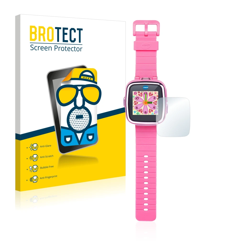 Parte frontale di una confezione del prodotto con il logo del marchio BROTECT. Accanto è raffigurato il dispositivo Vtech Kidi