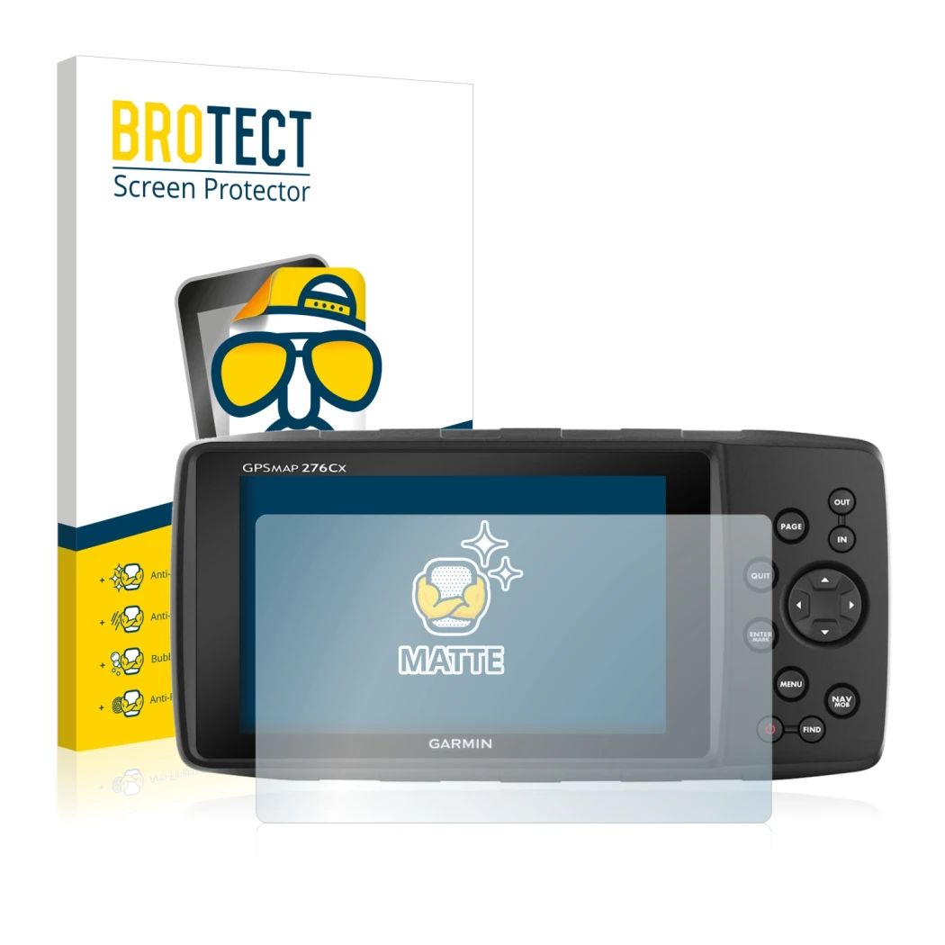 Parte frontale di una confezione del prodotto con il logo del marchio BROTECT. Accanto è raffigurato il dispositivo Garmin 276