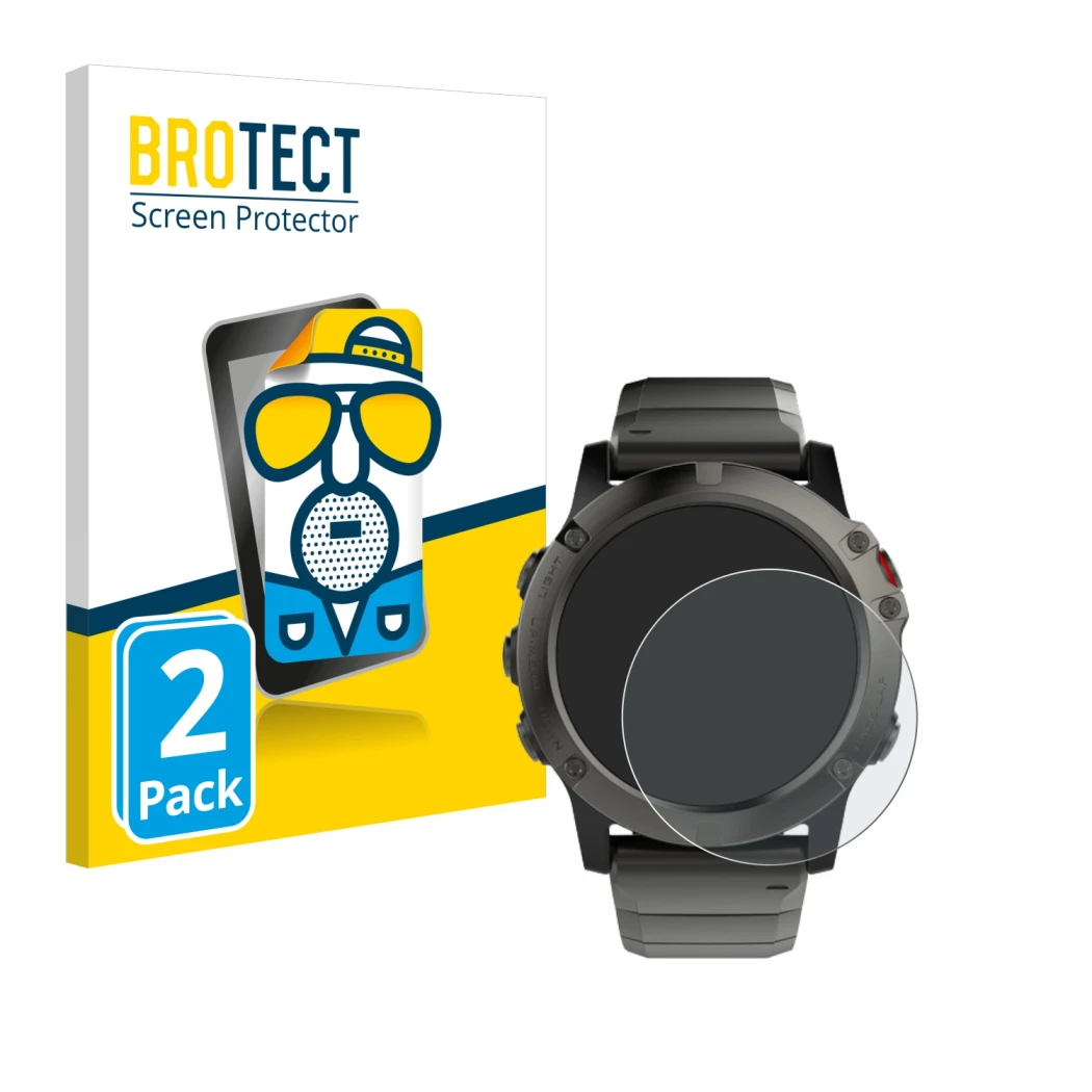 Parte frontale di una confezione del prodotto con il logo del marchio BROTECT. Accanto è raffigurato il dispositivo Garmin Fen