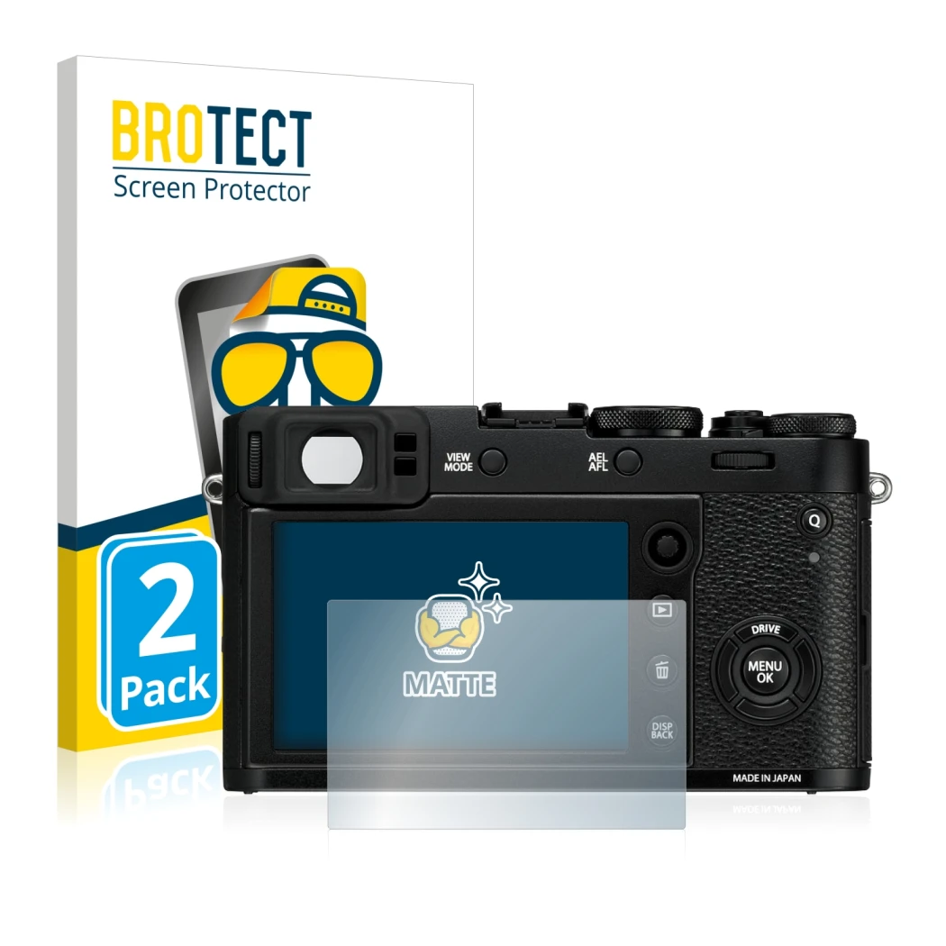 Parte frontale di una confezione del prodotto con il logo del marchio BROTECT. Accanto è raffigurato il dispositivo Fujifilm X