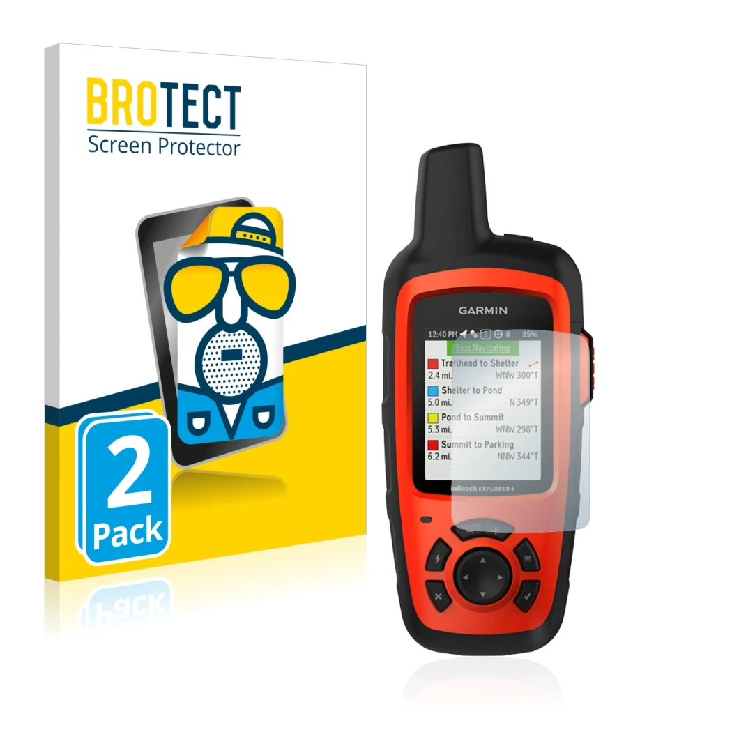 Parte frontale di una confezione del prodotto con il logo del marchio BROTECT. Accanto è raffigurato il dispositivo Garmin inR