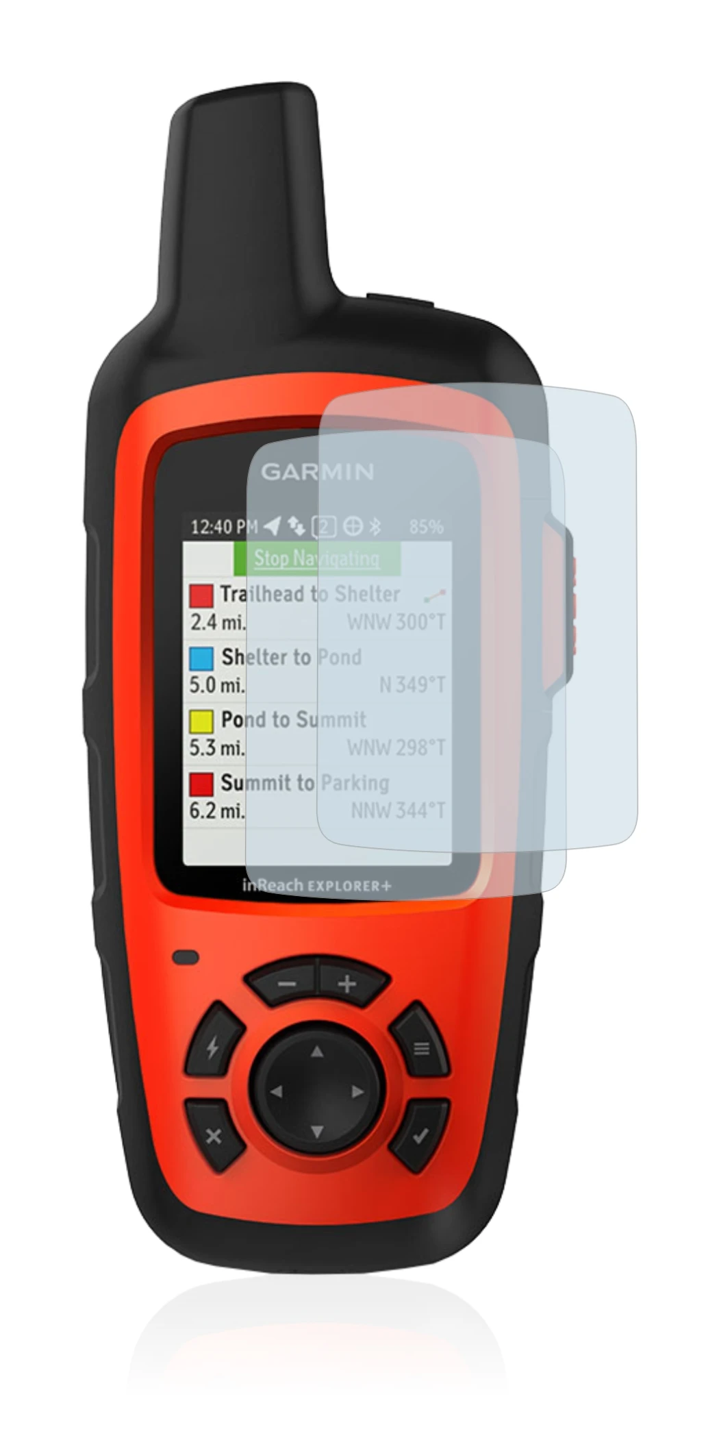 Immagine del dispositivo Garmin inReach Explorer+ con un'ampia varietà di protezioni per lo schermo.