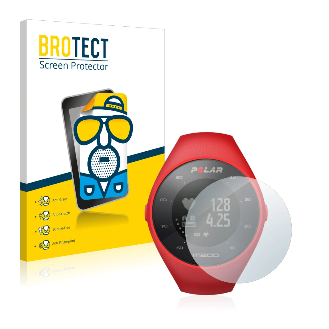 Parte frontale di una confezione del prodotto con il logo del marchio BROTECT. Accanto è raffigurato il dispositivo Polar M200