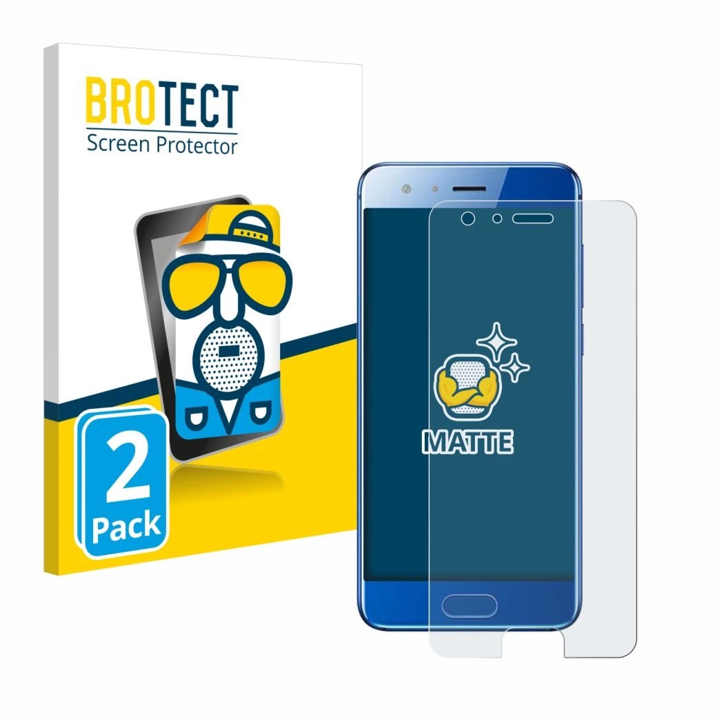 Parte frontale di una confezione del prodotto con il logo del marchio BROTECT. Accanto è raffigurato il dispositivo Honor 9 co