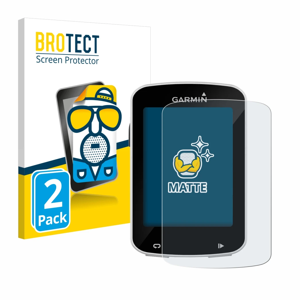 Parte frontale di una confezione del prodotto con il logo del marchio BROTECT. Accanto è raffigurato il dispositivo Garmin Edg