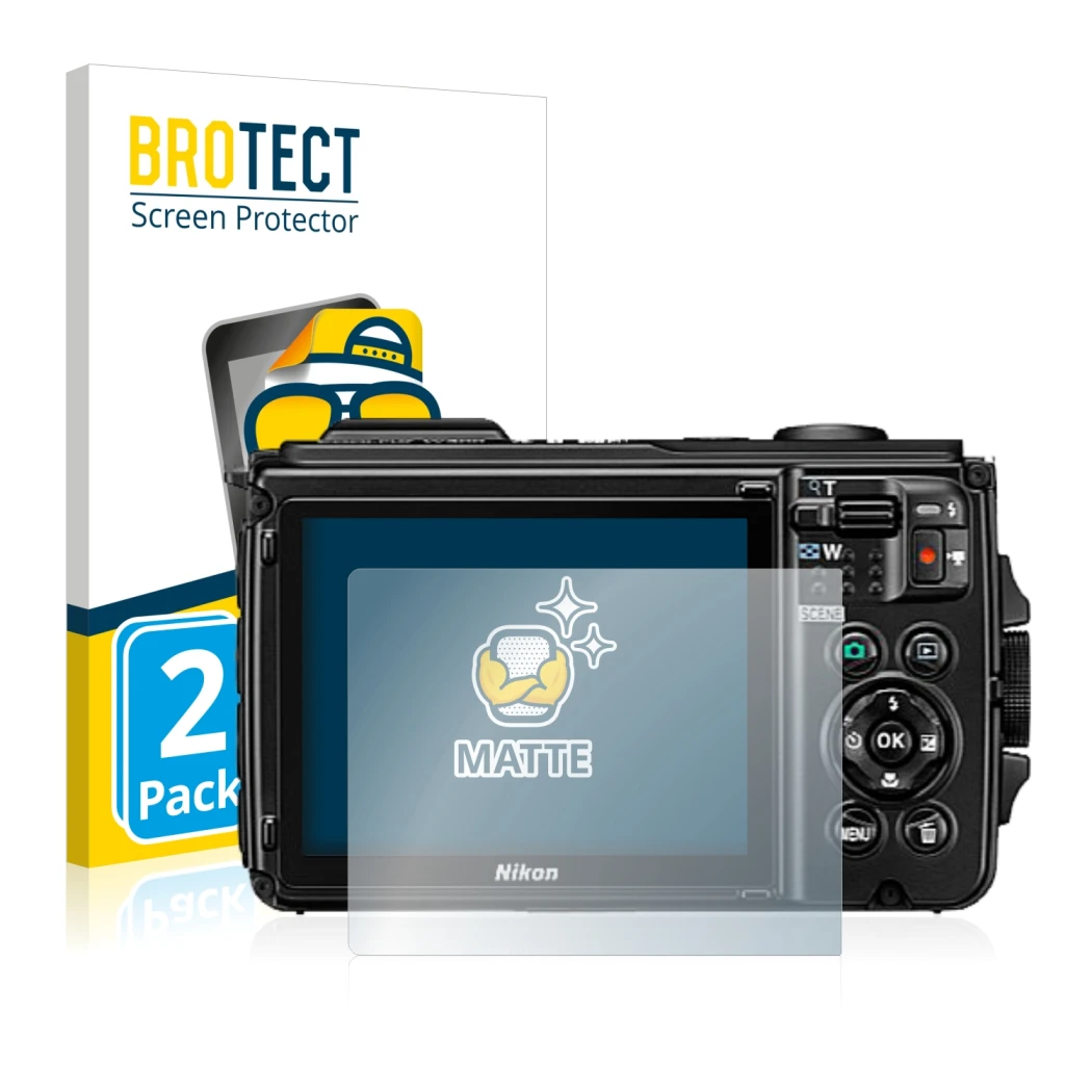 Parte frontale di una confezione del prodotto con il logo del marchio BROTECT. Accanto è raffigurato il dispositivo Nikon Cool