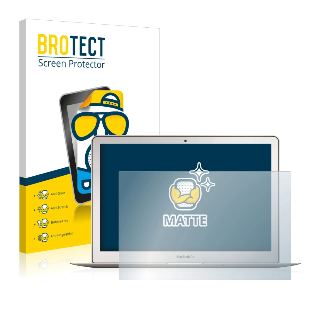 Parte frontale di una confezione del prodotto con il logo del marchio BROTECT. Accanto è raffigurato il dispositivo Apple MacB