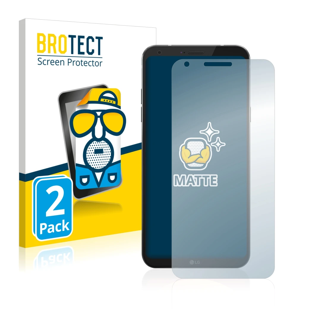 Parte frontale di una confezione del prodotto con il logo del marchio BROTECT. Accanto è raffigurato il dispositivo LG Q6 con