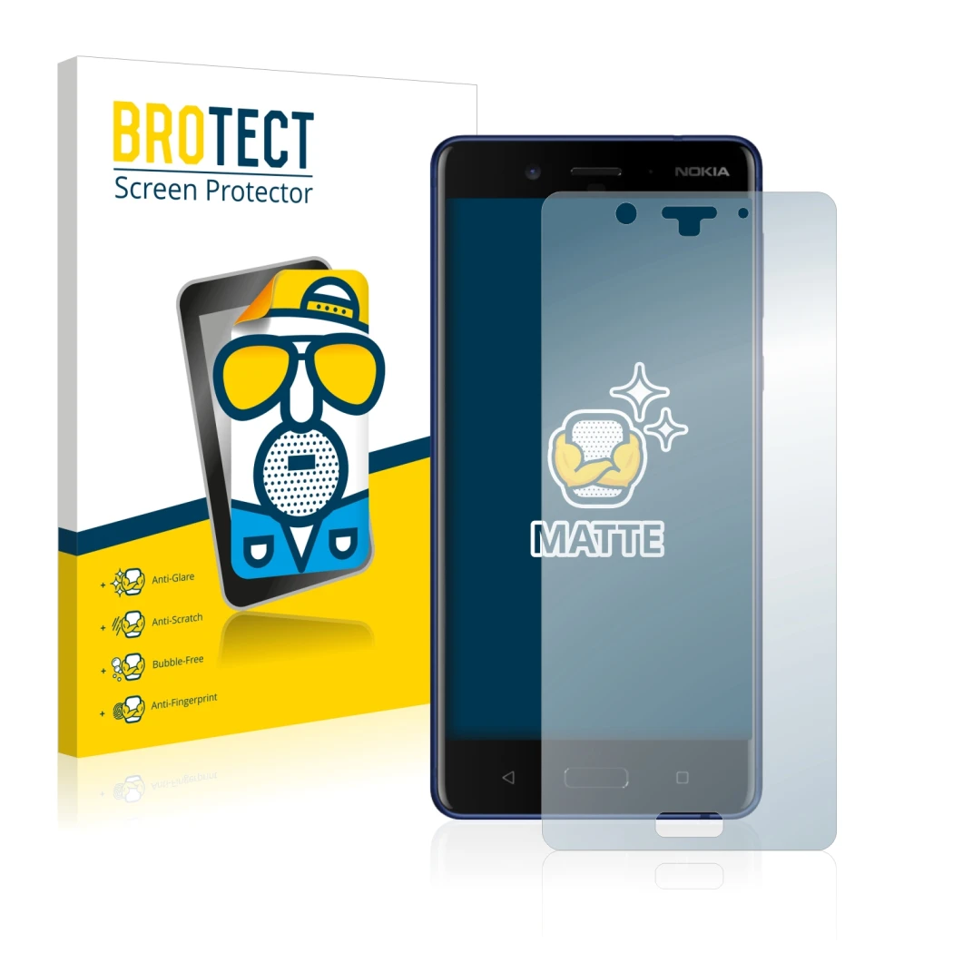 Parte frontale di una confezione del prodotto con il logo del marchio BROTECT. Accanto è raffigurato il dispositivo Nokia 8 co