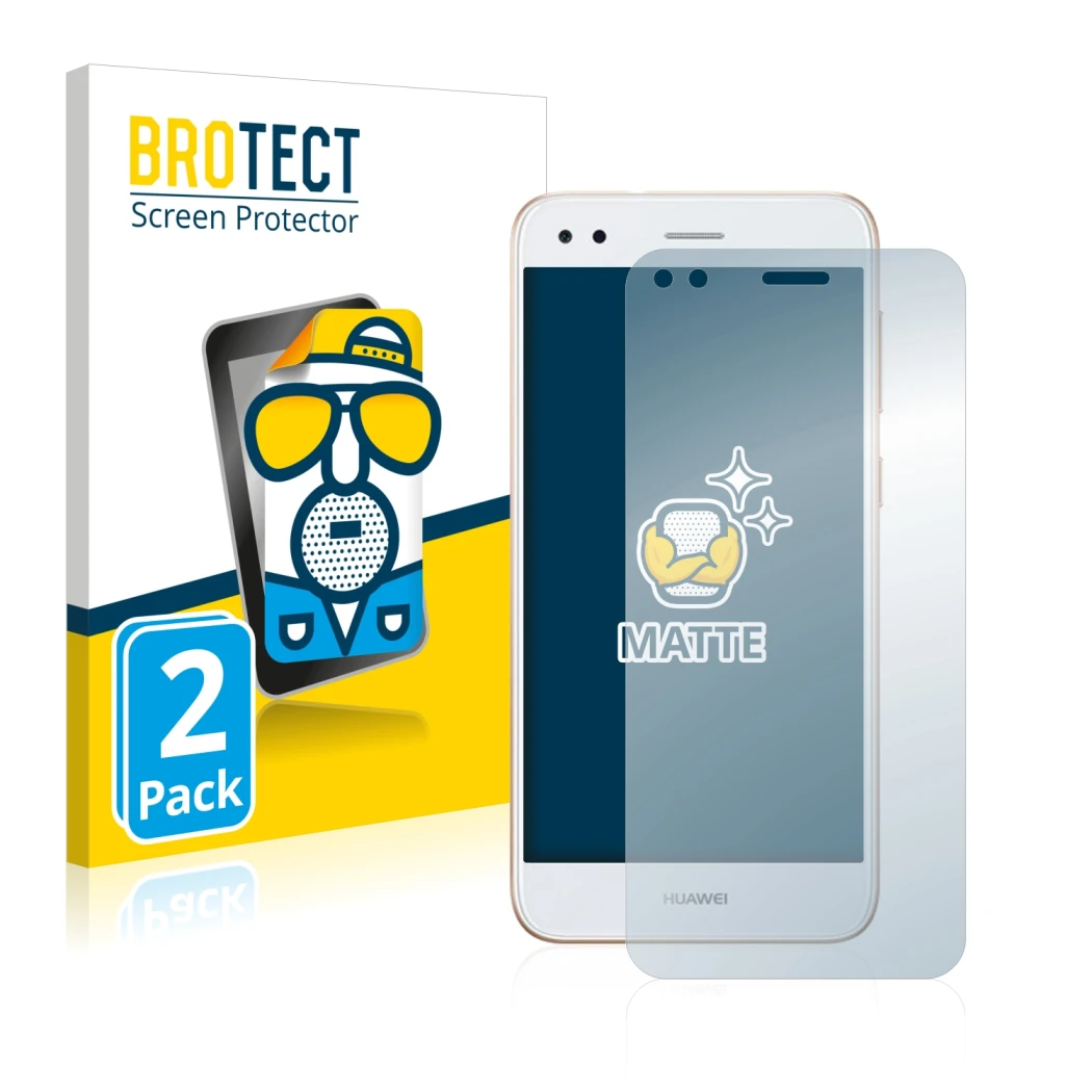 Parte frontale di una confezione del prodotto con il logo del marchio BROTECT. Accanto è raffigurato il dispositivo Huawei P9 